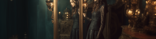 young pretty girl standing in front of a giantic antique mirror, mirror is showing her, her right arm is in the mirror