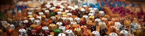 thousands of dices rolling on a diceball table, photography, shallow depth