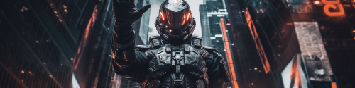 a security is showing his hand in sign of waving, in massive armor and helmet, looking grim, raising arm to signal stop, entrance of big corporation building in background, cyberpunk, sci-fi, dark mood, frontal view, long shot, full view