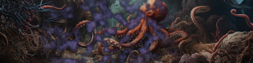 octopus sprays dark ink, ocean ground, background coral riffs, wide shot, long shot