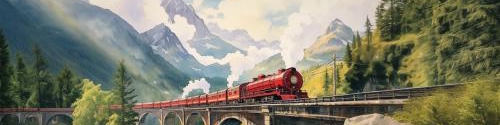 red steam train travelling over arch bridge, in the style of swiss style, i cant believe how beautiful this is, biblical grandeur, cargopunk, bold colors, strong lines, pristine naturalism, konica big mini, romanesque, naturalistiv charm