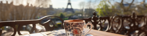 porcelain cup of coffee in a cafe in paris, background eifeltower, sunny weather, bright day